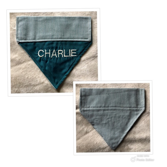 HANDMADE DOG BANDANA PERSONALIZED EMBROIDERED CHARLIE REVERSIBLE SLIP ON COLLAR - Picture 5 of 10